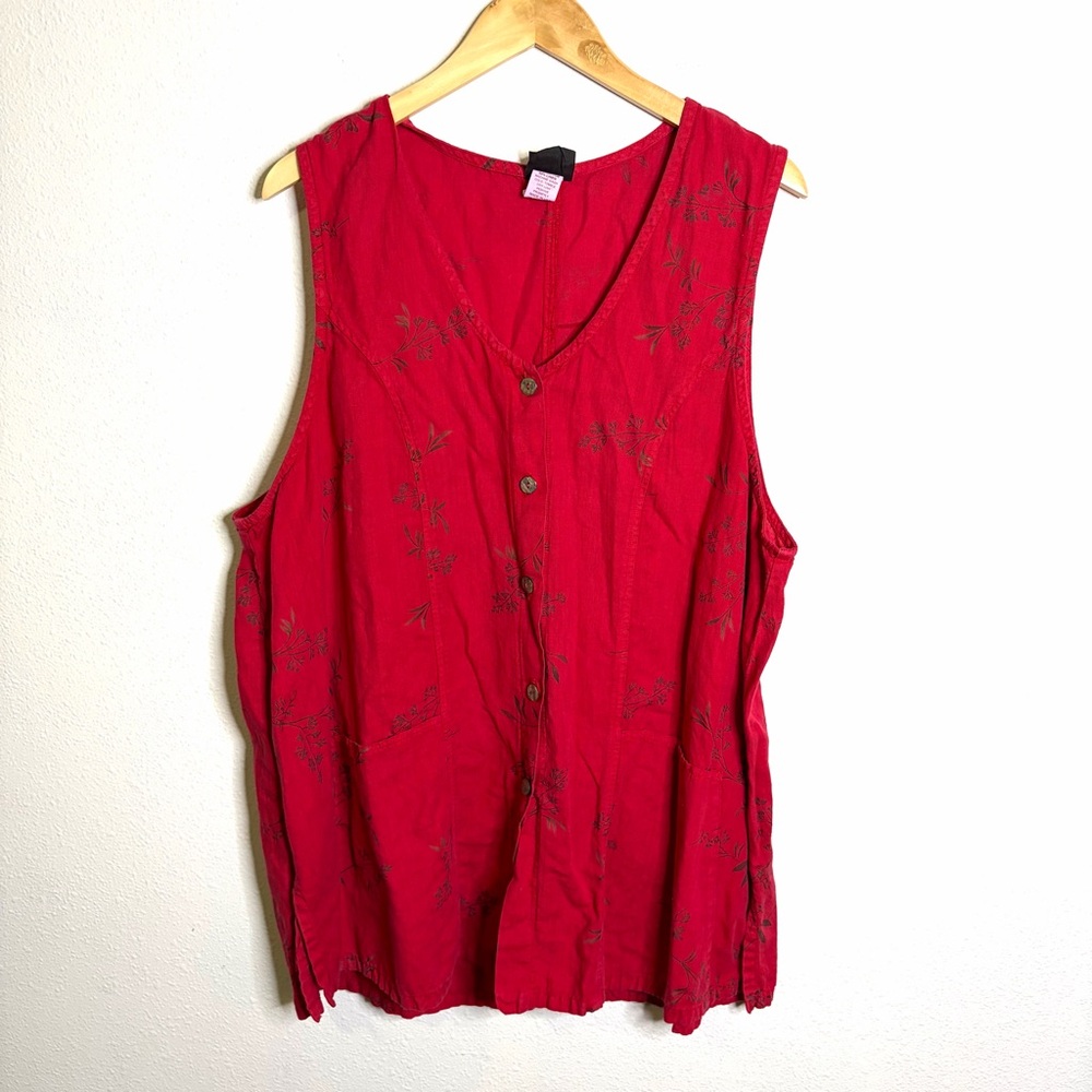 Linen cotton tunic top red floral print sz 2x pockets sleeveless button front